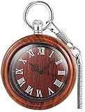 Tiong Orologi da tasca in legno da uomo, con numeri romani, analogico, al quarzo, in legno, con scatola e catena, regalo per compleanni, Natale (1003 rosso marrone), 03-rosso marrone