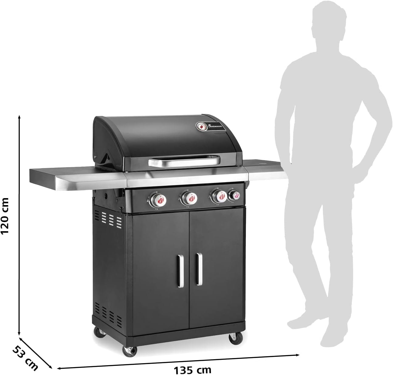 Landmann Rexon PTS 3.1 Barbecue a gas | 3 bruciatori in acciaio inox regolabili in modo continuo | Coperchio a doppia parete con termometro integrato, griglia smaltata