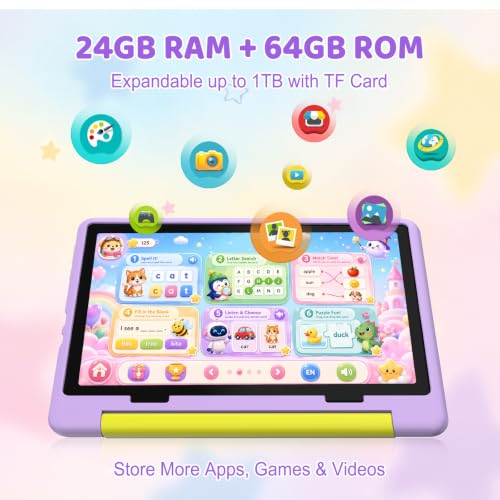 Image of Kids Tablet, Android 16 Tablet for Kids 10.1 inch with Google Play and Case, 24GB RAM 64GB ROM | 1TB Expandable, 6000mAh Battery Parental Control, Dual Camera WiFi 6, for Kids Study Gaming (Purple)
