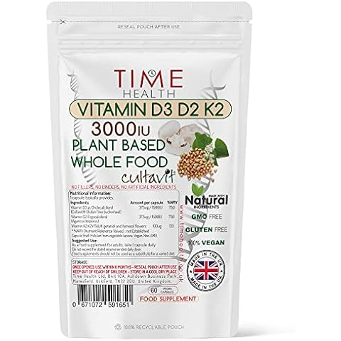 Vitamin D3, D2, K2, Natural Wholefood Plant Based 3000IU - Zero Additives - Pullulan (60 Capsule Pouch) Cover