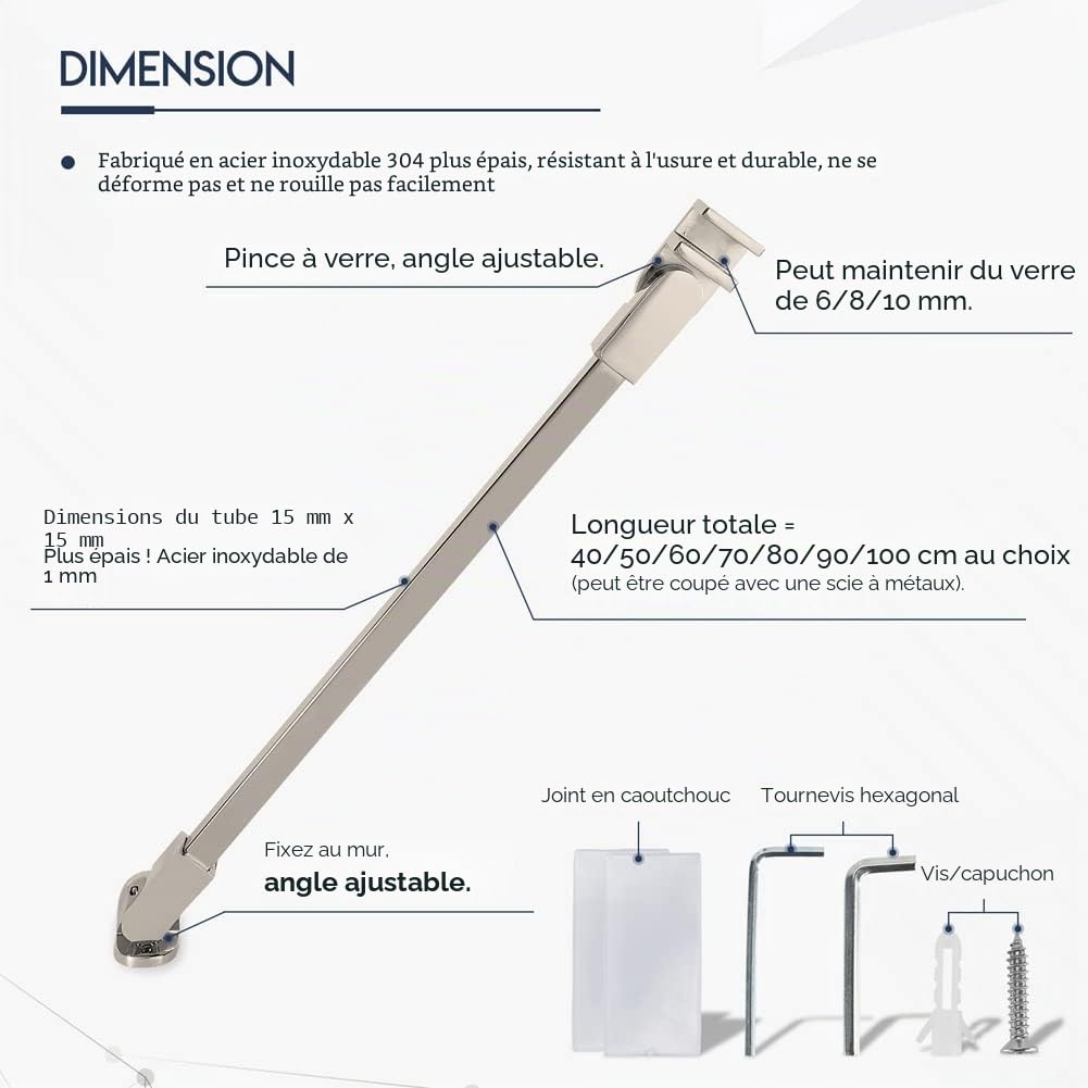 M-Home - Barre de renfort pour paroi de douche - Acier inoxydable, 60 cm, pour paroi en verre sans cadre de 6 à 10 mm d’épaisseur