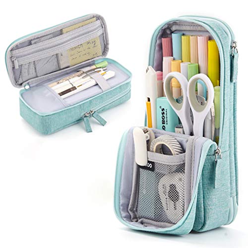 iSuperb Estojo de lápis de pé, 2 compartimentos, bolsa magnética para celular, bolsa para canetas, bolsa de grande capacidade, organizador de artigos de papelaria universitários, armazenamento para