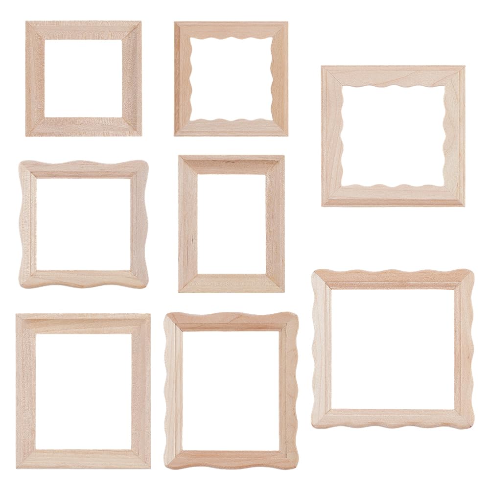 FINGERINSPIRE 8PCS Miniature Wood Photo Frame Set 8 Sizes BurlyWood Color Wooden Mini Picture Frames 1:12 Scale Square and Rectangle Mini Wooden Picture Frames for Doll House Furniture Decoration