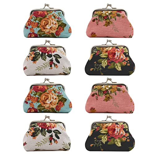 VIOCIWUO Münzgeldbörsen mit Blumenschnalle, 8 Stück, niedliche Rosen, kleine Vintage-Tasche, Kiss-Lock-Wechselgeldbörse, Geldbörsen für Frauen, Mädchen, Weiß Schwarz Rosa Blau, Retro-Blumenmuster Cover