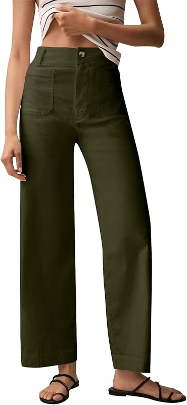Lolvmvchi Women Stretch Twill Cropped Jeans Wide Straight Leg Pants with Patch Pocket Trendy Pants Casual Ankle Trouser