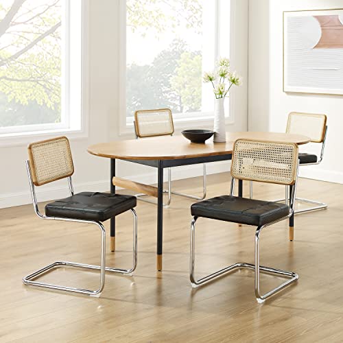 Art Leon Rattan Dining Chairs Set Of 4, Mid Century Modern Faux Leather Dining Room Chairs With Rattan Woven Backrest, Kitchen Chairs With Chrome Metal Legs, Natural Oak Frame, Black #TOP5