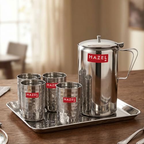 Image of HAZEL Stainless Steel Drinkware Set of 6 | Water Jug with Lid 1800ml, 4pc Hammered-Style Glasses 350ml & Serving Tray | Shiny Finish Tableware Combo for Home & Office Use