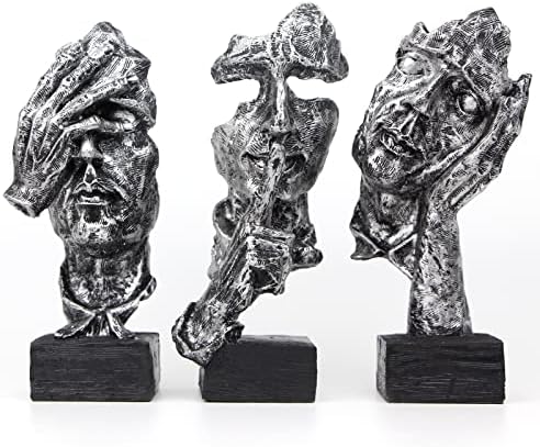 fumisee 3 Pcs Thinker Statue, Silence is Gold Abstract Art Figurine, No Hear No See No Speak Modern Home Resin Sculptures Decorative Objects Desktop Decor(Silver)