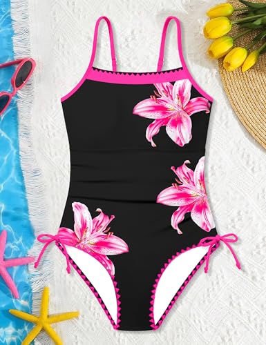 Image of BAVADER Girls Swimsuit One Piece Modest Girls Bathing Suit Solid Square Neck Ruched Adjustable Straps Padded Swimwear 9-16y