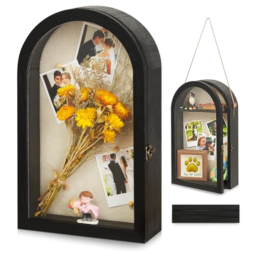 Image of DGWJSU Shadow Box Frame 10x16 Large Shadow Boxes Display Cases with Linen Back and Removable Shelves, Picture Frame Wedding Bouquet Memorabilia Medals Photos Memory Box for Keepsakes (Black)