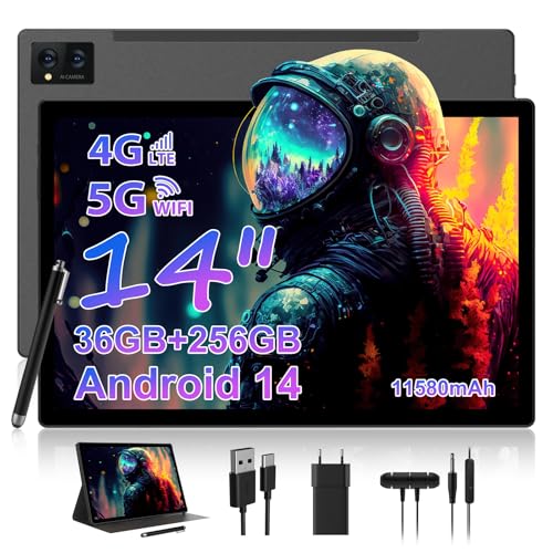WOREGOO 14 Pulgadas Android 14 Tablet, 5G WiFi y 4G LTE Touch, 36GB RAM + 256GB ROM (1TB TF), Octa-Core/Pantalla 2000 * 1200HD 2K/BT5.0/13MP + 8MP/11580mAh/GPS con Funda y Stylus, Negro