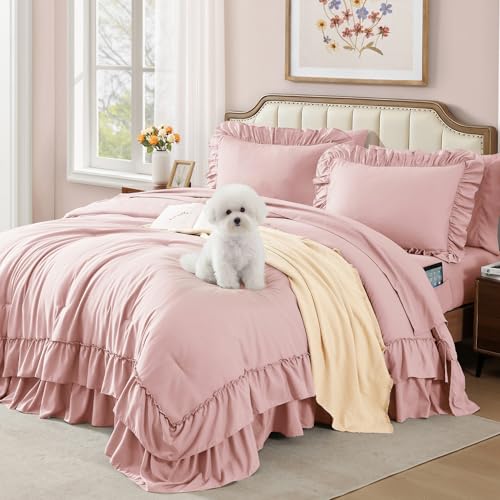 AMBERSPACE Queen Comforter Set Soft Pink Ruffle Shabby Chic Bedding Set Farmhouse 7 Pieces All Season Fluffy Bed in a Bag with Sheets Pillowcases & Shams