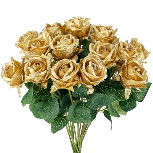 Auihiay 14PCS Gold Artificial Roses Silk Rose Bouquet