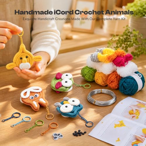 Image of 4 Pcs iCord Animals Knitting Kit, Complete Yarn & Aluminum Craft Wire Set | with Colorful Keychains, Static & Dynamic Eyes, Hot Glue, Beginner Friendly Handmade Ornament Craft Kit for Ideal DIY Gift