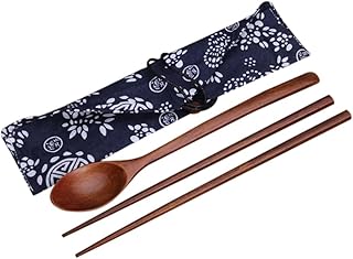 Joyzzz Ahşap Sofra Takımı, Yeniden Kullanılabilir Bambu Japon Tarzı Sofra Seyahat Gereçleri Ev, Kaşık Çubukları Sofra Takımı, Seyahat, Kamp, Ofis için Kılıflı Taşınabilir Gereçler Çatal Bıçak Seti