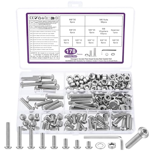 Juego de 178 tornillos M6, tornillos hexagonales hexagonales, tornillos roscados plateados con tuercas con arandelas, juego de tornillos de cabeza alomada y tuercas, juego de tornillos para bicicleta