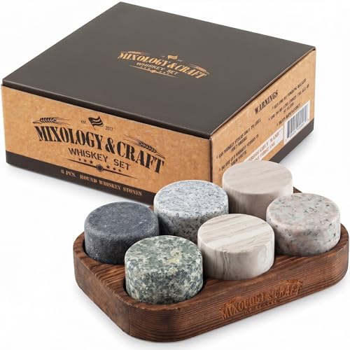 Mixology & Craft Whiskey Stones Set - 6 Circular Granite Bourbon Chilling Rocks - Great Whiskey Gifts for Men, Fathers, Groomsmen Gifts