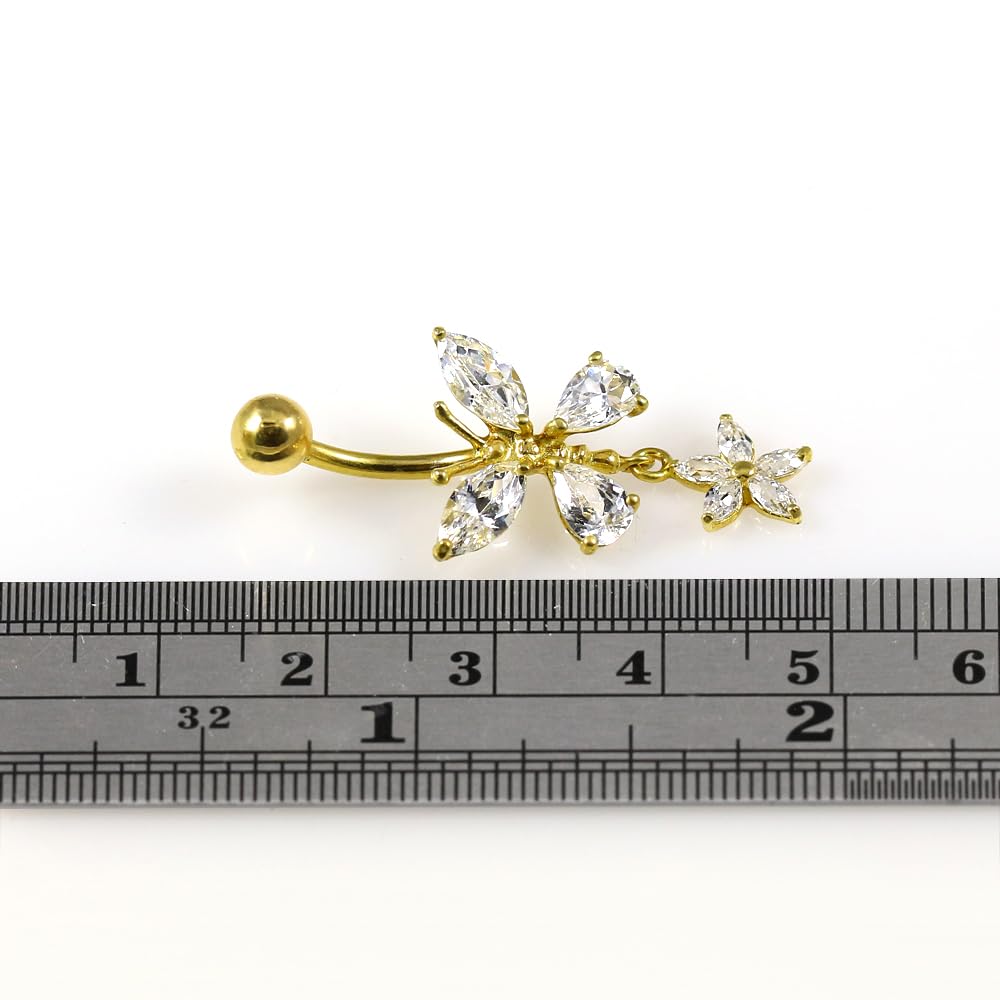 Piercing para ombligo de oro amarillo macizo de 14 quilates con circonita cúbica y mariposa con flor colgante, joyería para ombligo de 14 quilates, calibre 14, 14 Gauge - 10mm Length,
