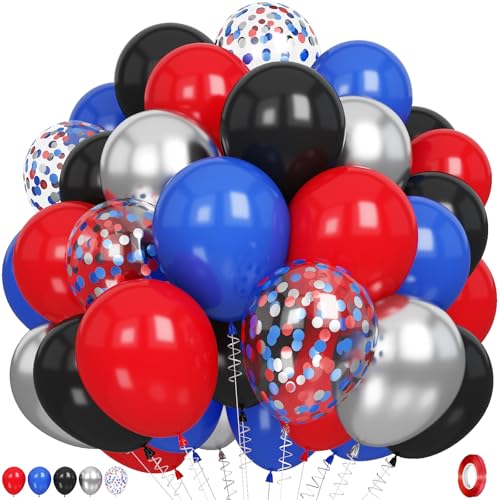 Image of Red Blue Silver Balloons, 60 PCS 12 Inch Royal Blue Red Silver Confetti Black White Latex Balloons for Boys Cool Man Halloween Theme Birthday Graduation Baby Shower Party Decoration Supplies