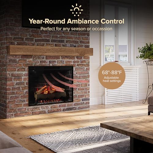 Modern Ember Uptown 33\" Smart Electric Fireplace Insert with Remote Control, Compatible with Alexa - 1,000 Sq Ft Electric Heater with Realistic Flames and Log Set