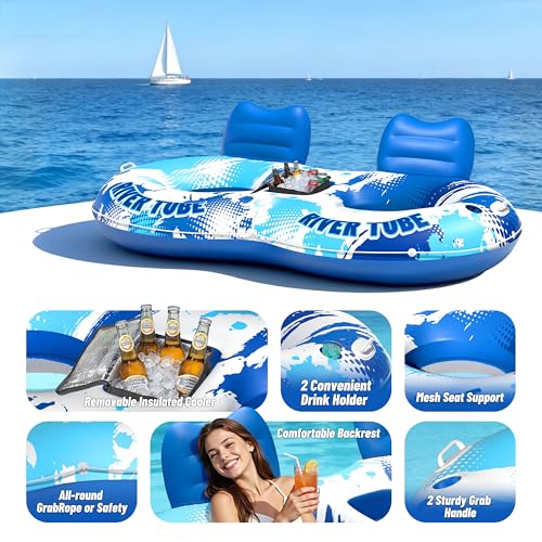 Image of JOSEN Inflatable River Tube Float - 2 Person Heavy Duty River Float, Pool Floats Adult, Lake River Floats Water Tubes for Floating with Removable Cooler & Cupholders for Summer Relaxation