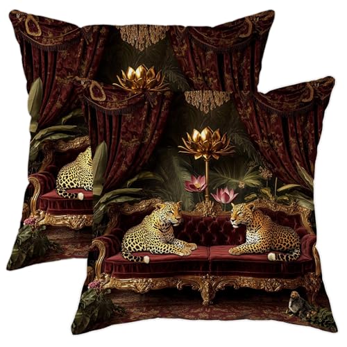 Lot de 2 housses de coussin vintage avec imprimé animal - Bordeaux - Motif jungle exotique - Décoration d'intérieur de luxe baroque pour salon, canapé,...