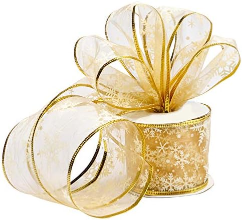 Belle Vous Gold Organza Christmas Ribbon - 10M x 63mm Wide Wired Glittery Snowflake Christmas Tree Ribbon for Xmas Tree Decorations - Gold Organza Ribbon for Gift Wrapping Crafts Party Decoration