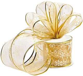 Belle Vous Gold Organza Christmas Ribbon - 10M x 63mm Wide Wired Glittery Snowflake Christmas Tree Ribbon for Xmas Tree Decorations - Gold Organza Ribbon for Gift Wrapping Crafts Party Decoration