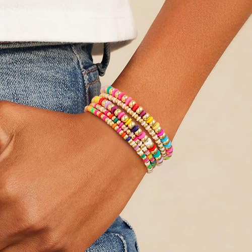 M MOOHAM Gold Beaded Bracelets for Women - 14k Real Gold Plated Beaded Pearl Bracelet Set Stack for Women Trendy Non Tarnisn, Adjustable Stretch Bracelet Jewelry Gifts for Teen Girls Women2