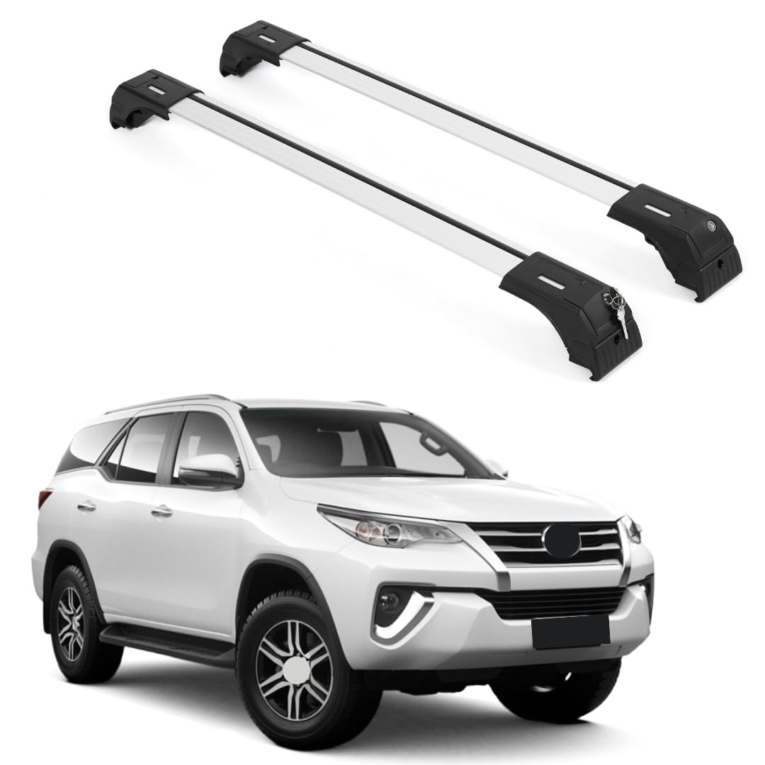 ERKUL Roof Rack Cross Bars for Toyota Fortuner 2015-2023 | Aluminum Crossbars with Anti Theft Lock for Rooftop | Compatible with Flush Rails - Silver
