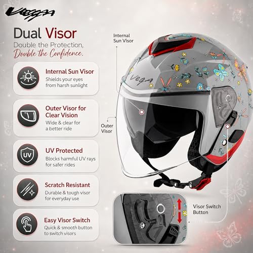 Image of Vega VO-04 Flutter Dual Visor Open Face Helmet. ISI Certified, ABS Lightweight Shell, Scratch Resistant Outer Visor, Inner Sun Shield, Breathable Padding, Quick Release Buckle - Nardo Grey, L