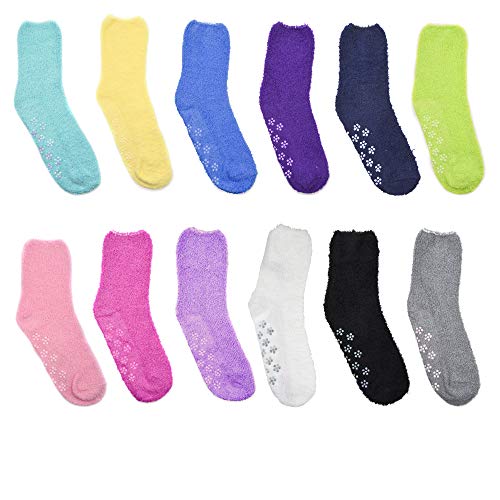 Gelante Womens Cute Fuzzy Socks Ultra Soft Fluffy Plush Gripper Non Skid Slip Hospital Slipper Grippy Cozy Socks 12Pairs!