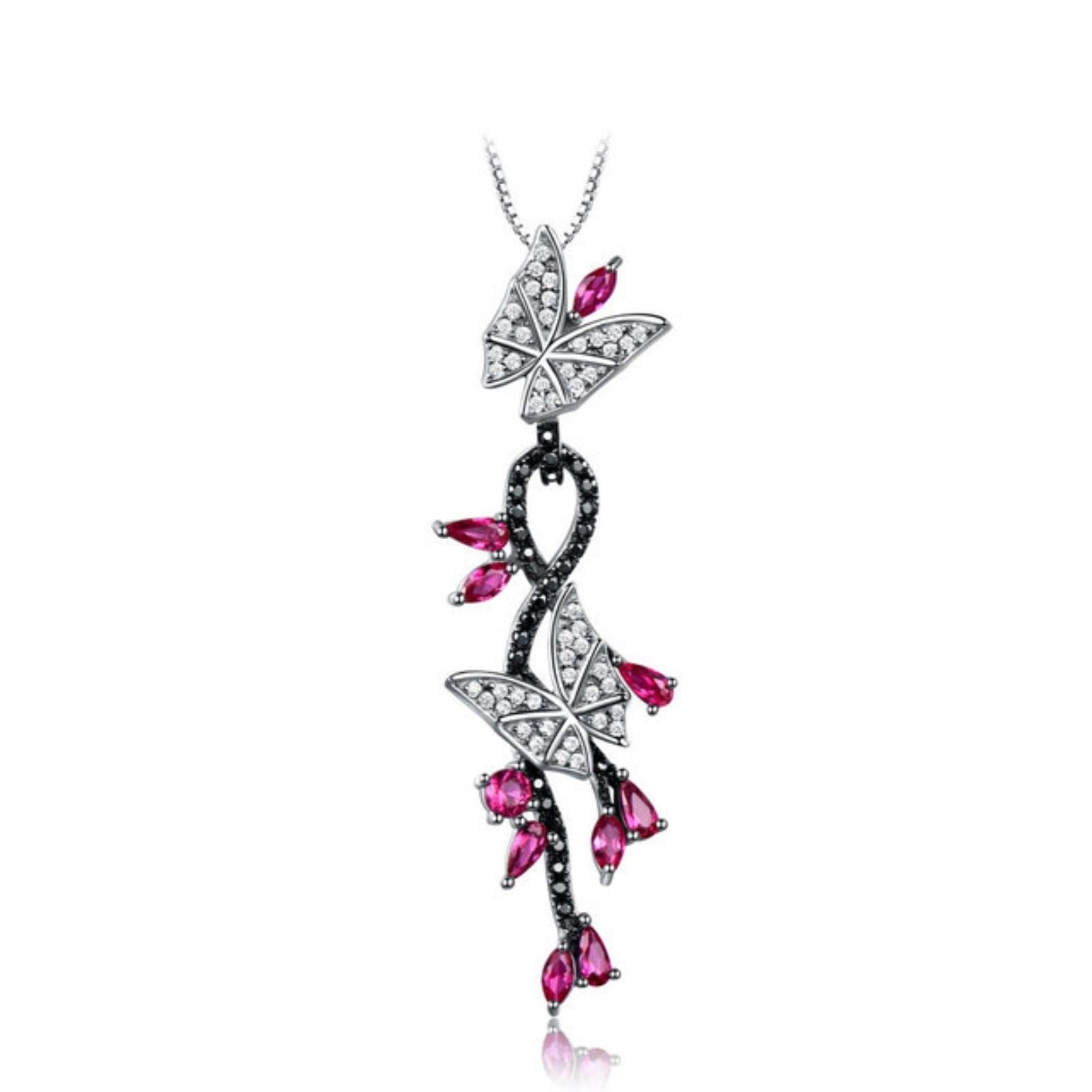 Collana con Pendenti in Argento Sterling Massiccio 925 Farfalla con Gemme di Rubino Create con Pendenti in Spinello Nero per Le Donne