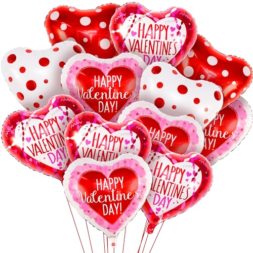 Image of KatchOn, Happy Valentine's Day Balloons Set - 12 Pack, Red, White & Pink Heart Shaped Foil Balloons, 18 Inch, Valentines Day Decorations