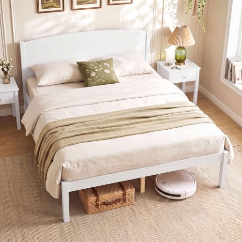 Image of GIANTEX Full Size Wooden Bed Frame with Curved Headboard, Wood Slat Support