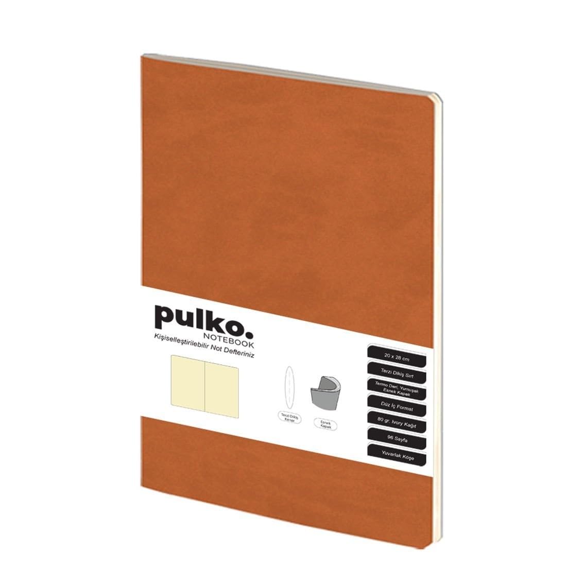 PULKO Notebook Not Defteri, 20x28cm, Terzi Dikiş, Termo Deri Kapak, 96 Sayfa, 80gr. Ivory, Kareli, 033, Taba
