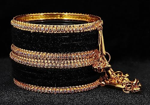 Image of NMII Metal with Zircon Gemstone and Velvet Studded Bells Latkan Bangles Set For Girls and Women I Latkan Bangles, Premium Bangle Bracelet Set I Pack of 16 Bangles