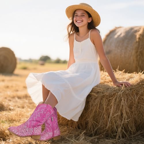 PANDANINJIA Girls Cowgirl Boots Mid Calf Sequin Cowboy Boots Toddler Little Big Kids Round Toe Western Riding Horse Shoes Booties2