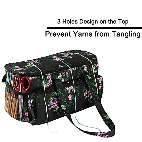 Image of Yarn Storage Organizer Tote Bag Knitting Project Bag Yarn Holder Traveling Crochet Handbag Floral for Bulk Yarns,Crochet Hooks,Knitting Needle,Crochet Acessories