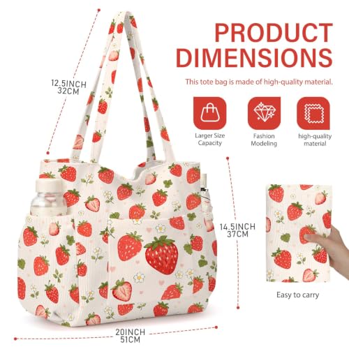 Watercolor Strawberry Corduroy Tote Bag for Women, Cute Shoulder Bag - image 5