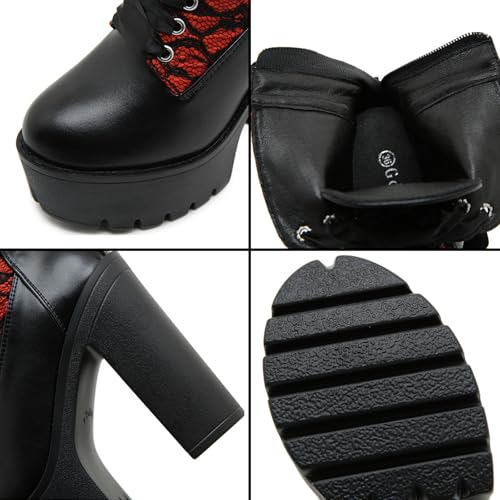 Women's Leather Lace Splicing Platform Chunky Heels Gothic Ankle Boots Classic Round Toe Lace up Back Zipper Fashion Thick High Heel Combat Boots Comfortable Rave Boots Punk Booties4