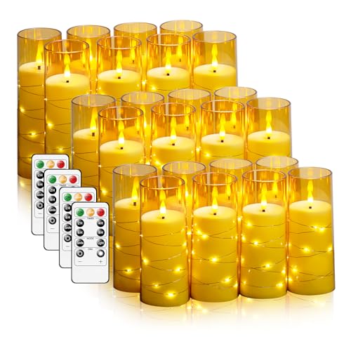 Image of kakoya Flameless LED Candles with Timer 24 Pc Flickering Flameless Candles for Romantic Ambiance and Home Decoration Stable Acrylic Shell,with Embedded Star String,Battery Operated Candles(Gold)