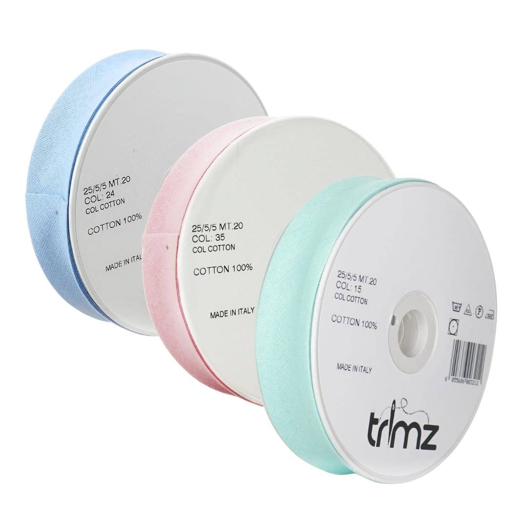 Trimz Nursery Pastel Collection (Sky Blue, Pink, Mint) 3-Pack 100% Cotton Bias Binding Tape (25mm) - 60 Meters Total - Soft Folded Edging for Baby Blankets, Bibs & Nursery Crafts