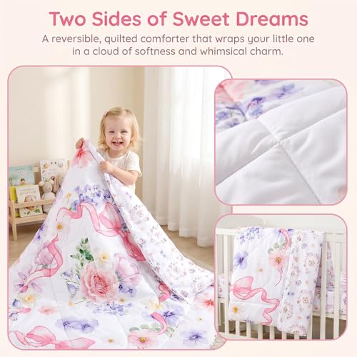 Image of Pea Pod Floral Toddler Bedding Set for Girls, 4 Piece Bed-in-a-Bag Toddler Comforter Sets Cute Bowknot Princess Crib Bed Set | Include Quilt Comforter, Flat Sheet, Fitted Sheet, Pillowcase, Super Soft
