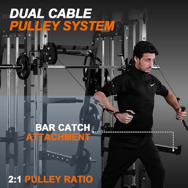 Power Cage 2300lbs Smith Machine Squat Rack with LAT-Pull Down System & Cable Crossover Machine, Training Equipment with Leg Hold-Down Attachment Weight Cage for Home Gym