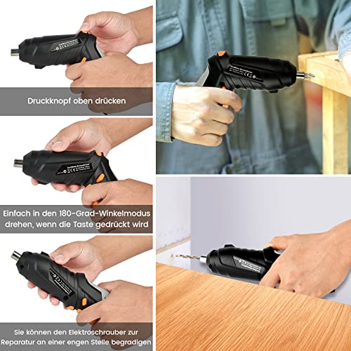Akkuschrauber Klein - 3,6V Mini Elektrischer Schraubendreher mit Akku, 90° klappbar Electric Screwdriver Set mit 47tlg Zubehör, 2-Drehrichtung, LED Licht, Koffer, USB-Ladekabel – Bild 6