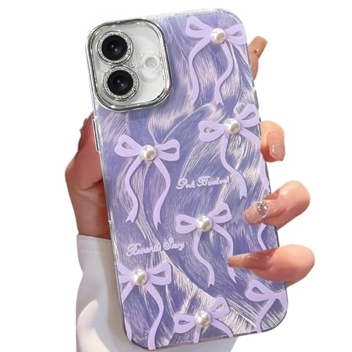 Image of VONZEE Compatible with iPhone 16 Plus 6.7'' Case Luxury Pink Girly Cute 3D Bow Pearl Glitter Bling Case with Full Camera Protection Shockproof PC+TPU Glossy Shiny Cover for Girls Women,Purple