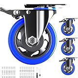 5 Inch Caster Wheels with Safety Dual Locking, Heavy Duty Casters Set of 4, Industrial Swivel Casters 2400Lbs, Polyurethane No Noise Wheels for Cart, Furniture(Bonus of 2 Hardware Kits)