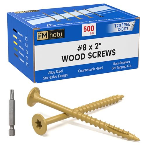 Image of #8 x 2 inch Deck Screws, 500Pcs Star Drive Wood Screws, Rust Resistant Timber Screws for Timber /Log /Landscaping Wood, T20 Star Bit Included, Yellow