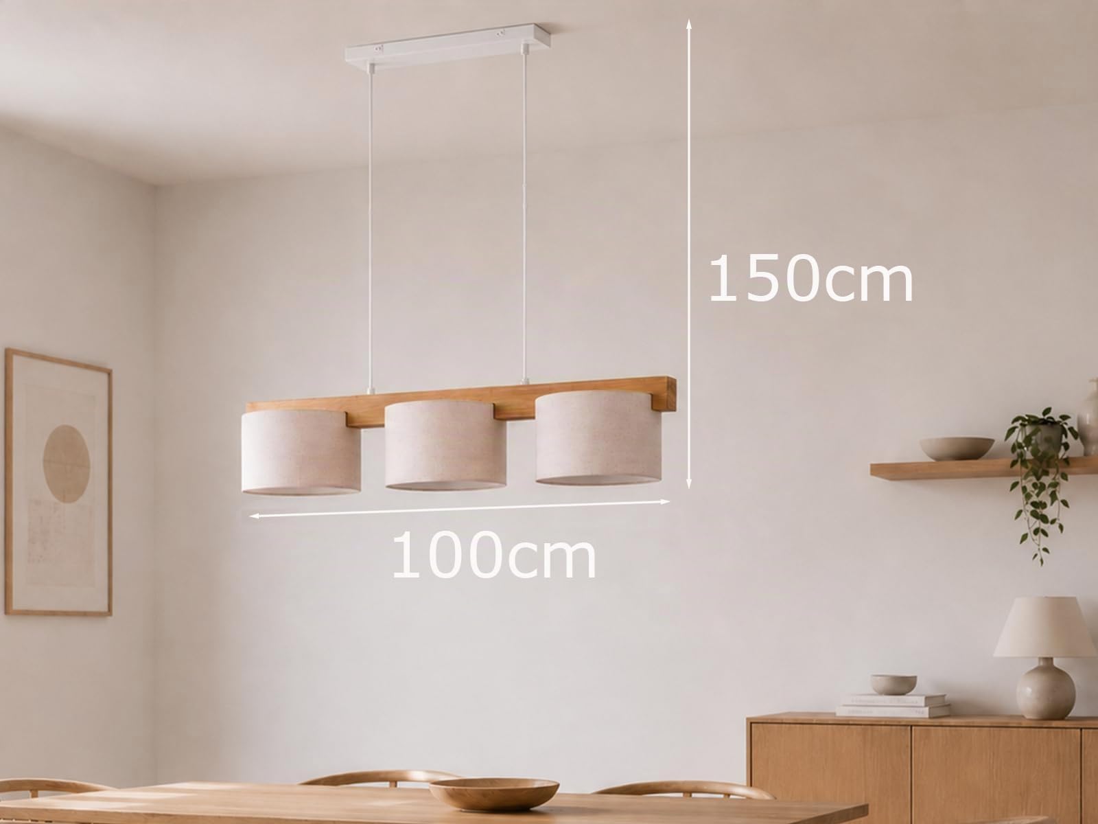 meineWunschleuchte Lámpara de techo colgante con vigas de madera, 3 focos, con pantallas de tela, color beige, ancho de 100 cm